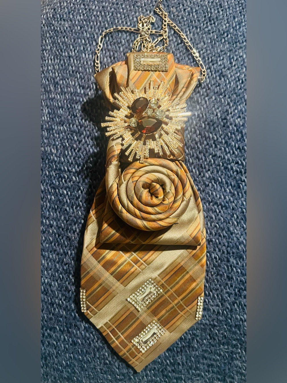 Women’s Brown Plaid Decorative Neck Accessory with Rosette and Jewel Accent